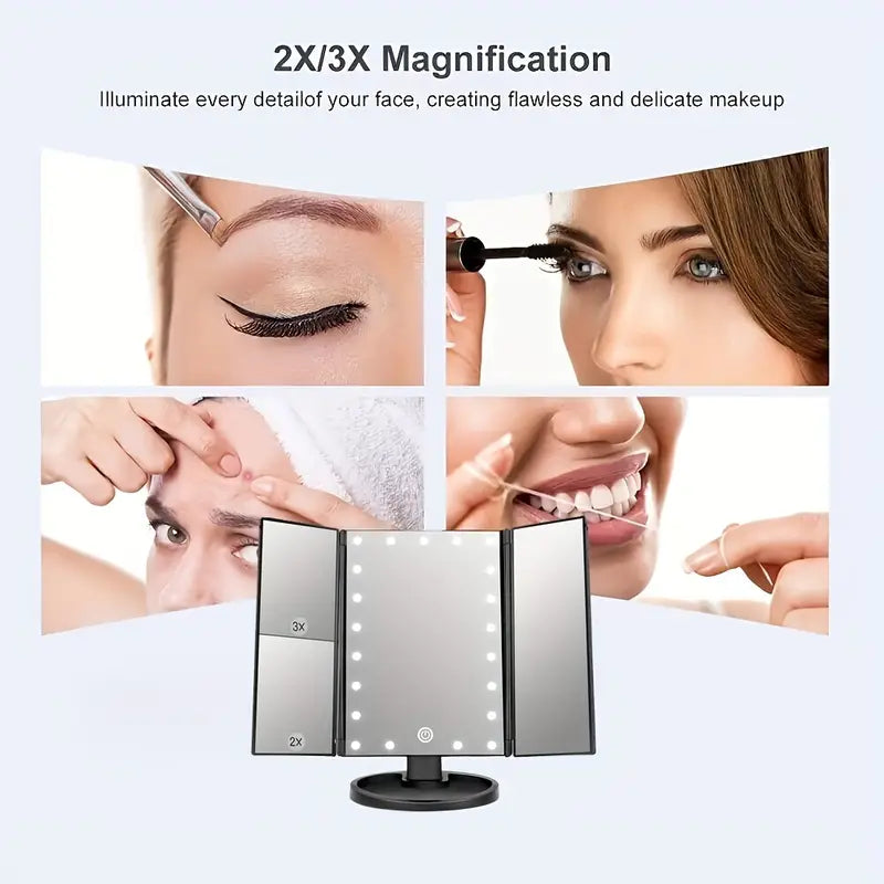 LED Lights 2X 3X Magnification Lighted Makeup Mirror, Touch Control, Trifold Makeup Mirror, Rechargeable and dimmable light-1