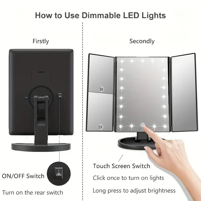 LED Lights 2X 3X Magnification Lighted Makeup Mirror, Touch Control, Trifold Makeup Mirror, Rechargeable and dimmable light-4