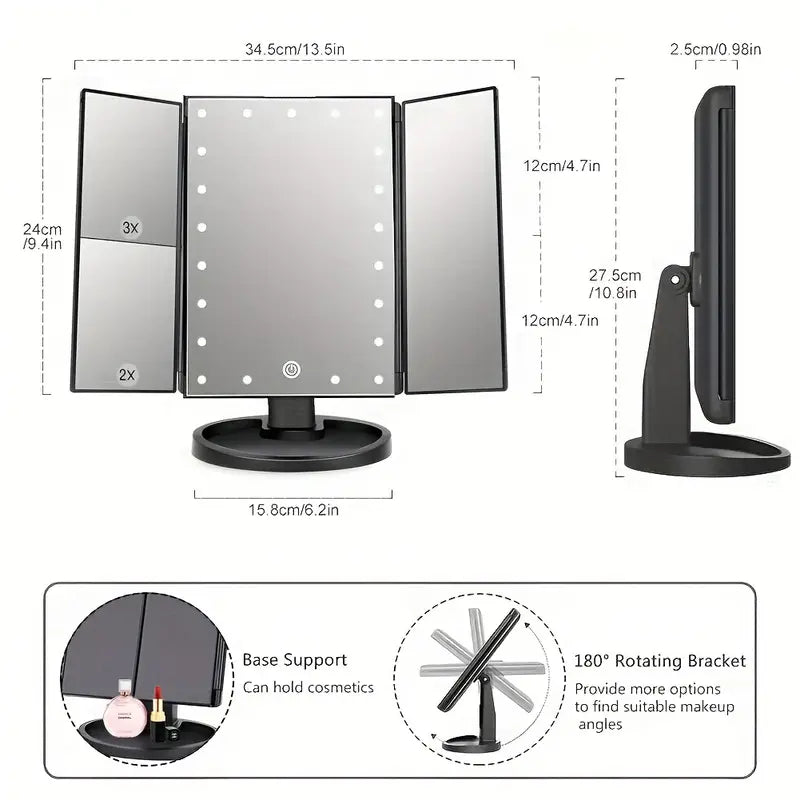 LED Lights 2X 3X Magnification Lighted Makeup Mirror, Touch Control, Trifold Makeup Mirror, Rechargeable and dimmable light-3