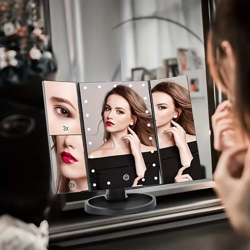 LED Lights 2X 3X Magnification Lighted Makeup Mirror, Touch Control, Trifold Makeup Mirror, Rechargeable and dimmable light-2